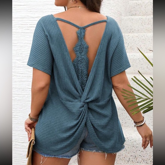 Sexy Plus Size Relaxed Fit Sheer Floral Lace Open Back Top Blouse Shirt Gray - Picture 10 of 12